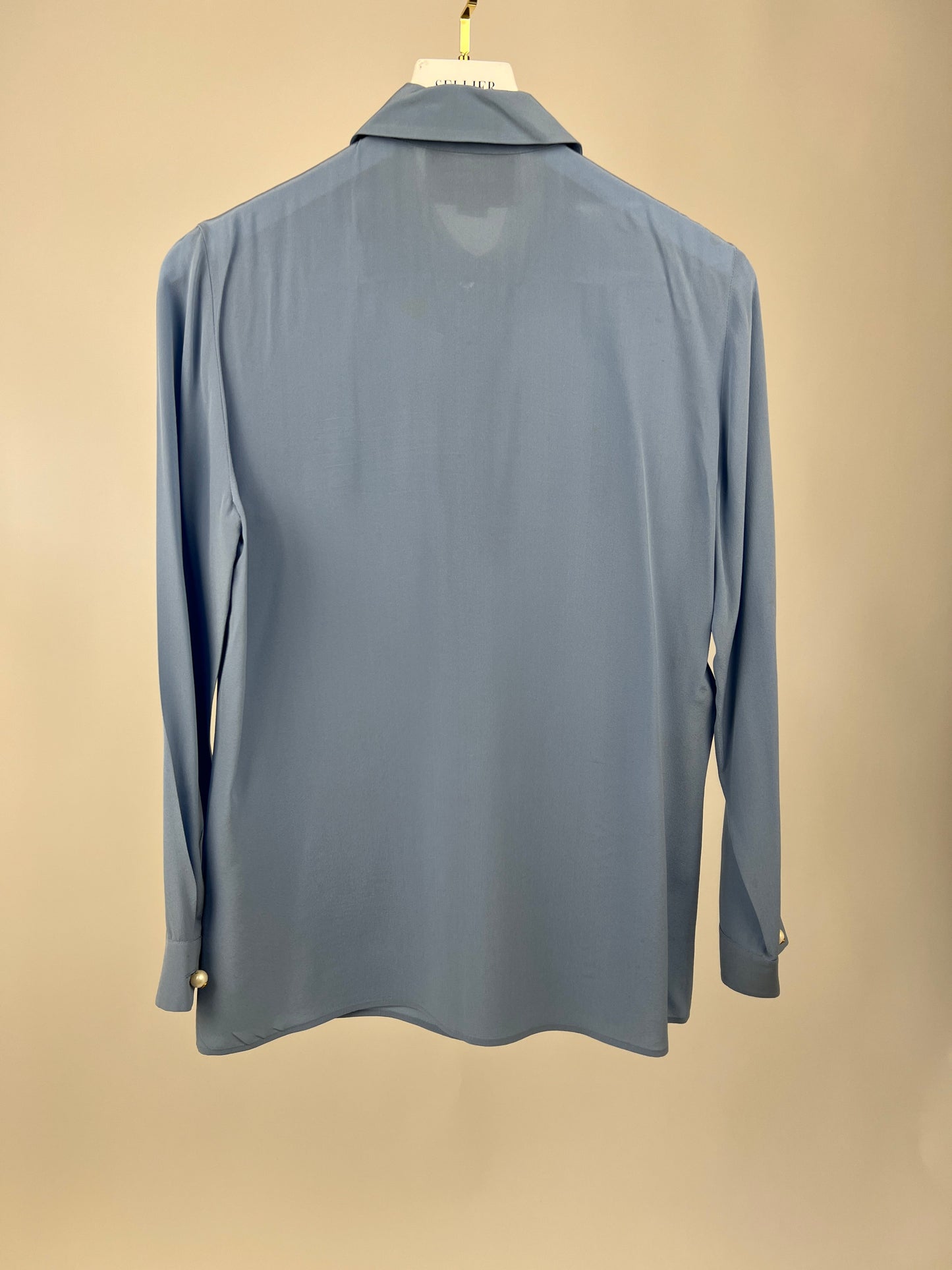 Luxury Gucci Trending 2025 Blue Silk Ruffle Blouse with Pearl Buttons Size