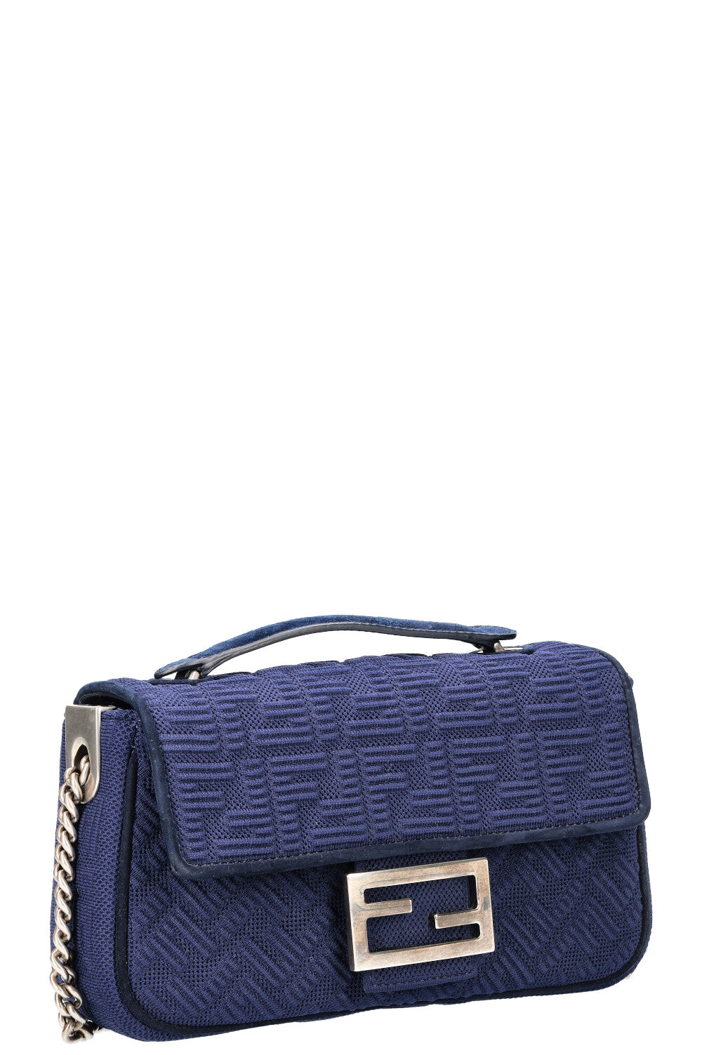 Luxury Fendi FF Baguette Chain Shoulder Bag Canvas Navy