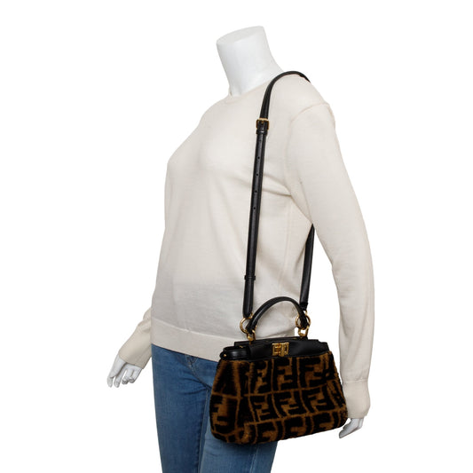 Fendi Black/Brown Shearling Nappa Macro FF 1974 Mini Peekaboo Bag