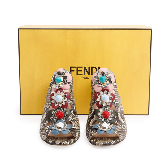 Fendi Grey Python Flowerland Embellished Heeled Slide Sandals, Size 35