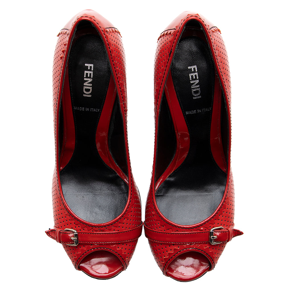 Luxury FendiPerforated Leather Buckle Detail Peep Toe Pumps - Size 6.5 / 36.5 (SHF-18590)