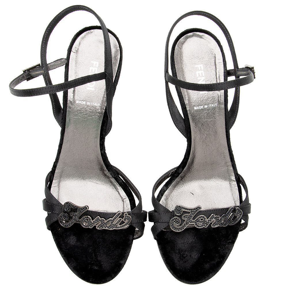 Luxury FendiVelvet Crystal Logo Embellished Sandals - Size 7 / 37 (SHF-17946)