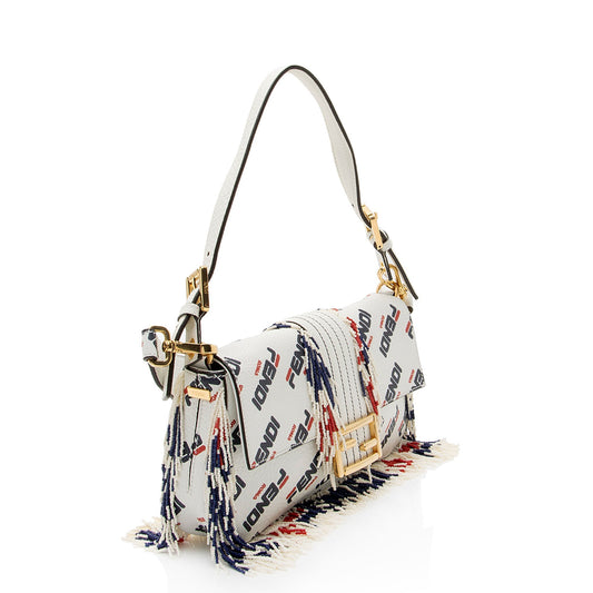 Luxury Fendix Fila Calfskin Mania Beaded Fringe Baguette Shoulder Bag (SHF-OjJL4V)