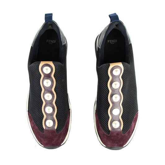 Luxury FendiBlack & Burgundy Mesh Pearl Technical Slip On Sneakers Size US 11 | EU 41