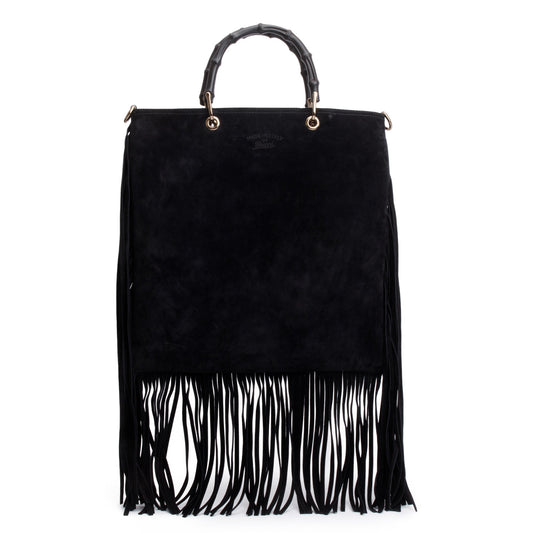 Gucci Black Suede Bamboo Fringe Shopper Tote