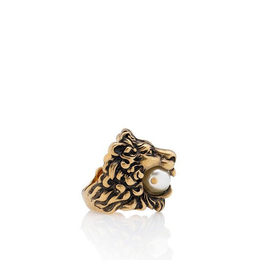 Gucci Faux Pearl Lion Head Ring - Size 6 1/2