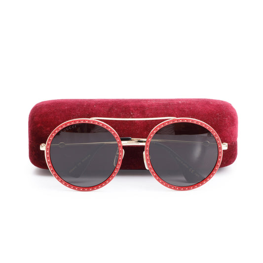 Gucci GG0061S Red Metal Round Frame Glitter Sunglasses