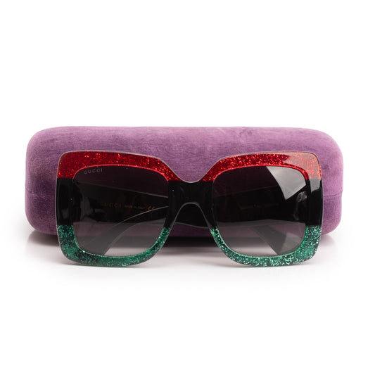 Gucci GG0083S Red/Green Glitter Black Acetate CC Logo Oversized Square Sunglasses