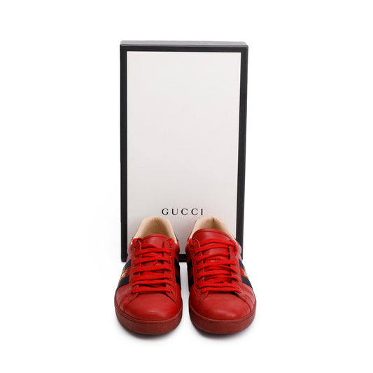 Gucci Red Leather Web Bee Embroidered Ace Sneakers, Size 8.5