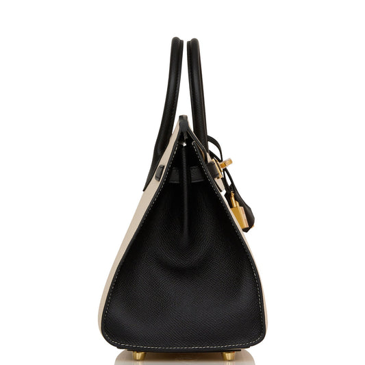 Luxury Hermes Special Order (HSS) Birkin Sellier 25 Craie and Black Epsom Gold Hardware