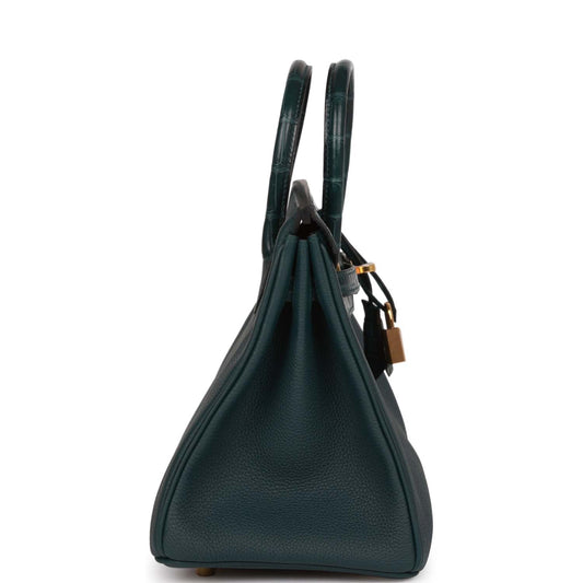 Luxury Hermes Birkin 25 Vert Cypress Matte Alligator and Togo Touch Gold Hardware