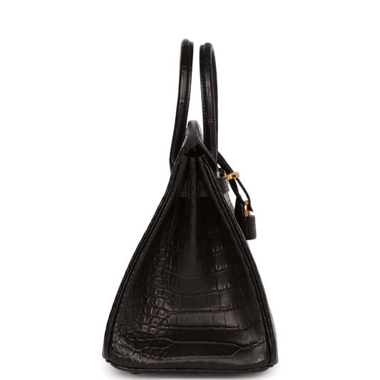Luxury Hermes Birkin 25 Black Matte Porosus Crocodile Gold Hardware