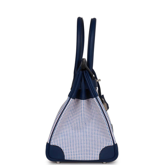 Luxury Hermes Quadrille Birkin 30 Bleu Saphir Swift and Ecru Mauve Toile Palladium Hardware
