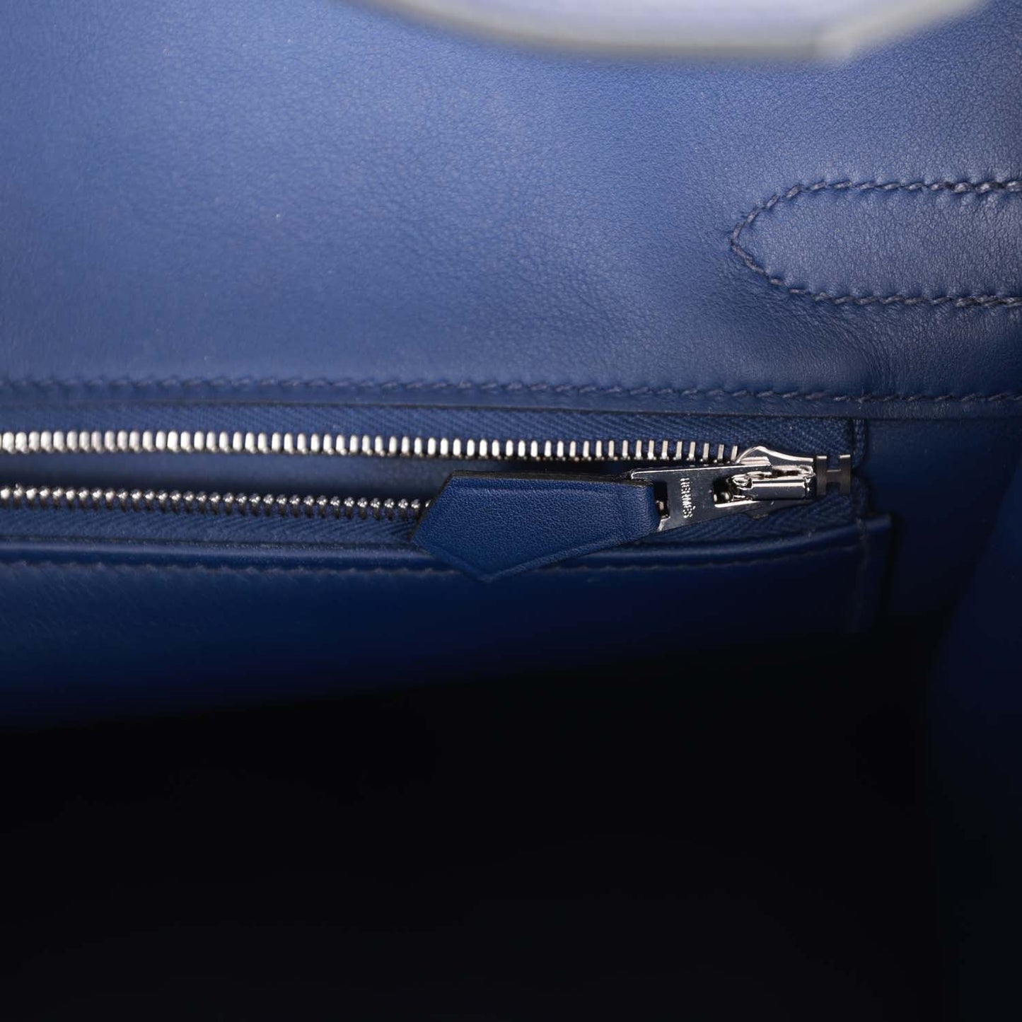 Luxury Hermes Quadrille Birkin 30 Bleu Saphir Swift and Ecru Mauve Toile Palladium Hardware