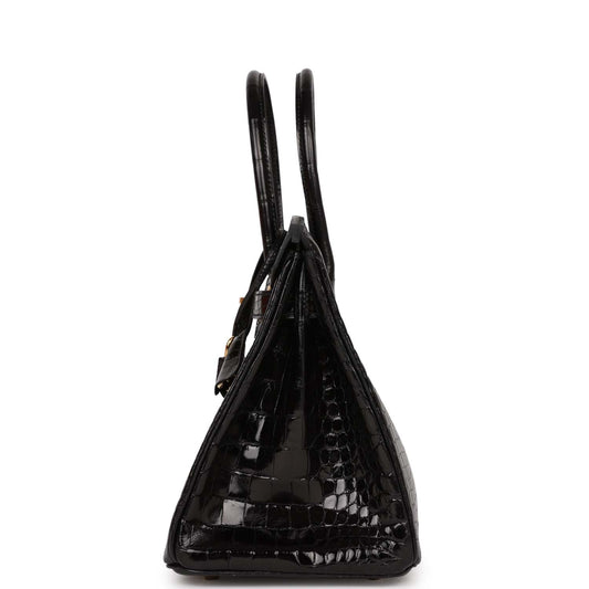 Luxury Hermes Birkin 30 Black Shiny Crocodile Porosus Gold Hardware