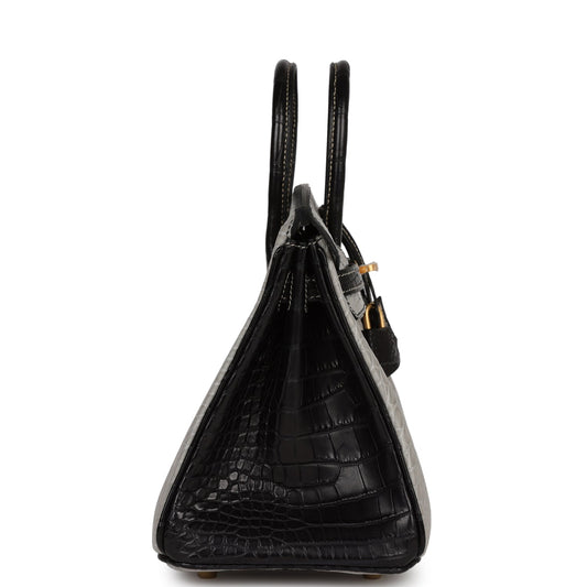 Luxury Hermes Special Order (HSS) Birkin 25 Gris Perle and Black Matte Alligator Brushed Gold Hardware