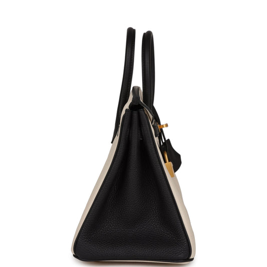 Luxury Hermes Special Order (HSS) Birkin 25 Craie and Black Togo Brushed Gold Hardware