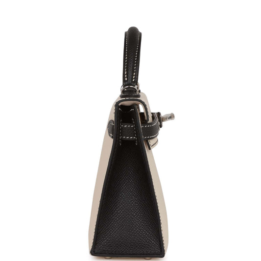 Luxury Hermes Special Order (HSS) Kelly Sellier 20 Craie and Black Epsom Palladium Hardware