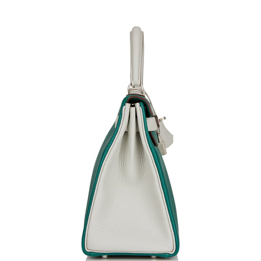 Luxury Hermes Special Order (HSS) Kelly Retourne 28 Malachite and Gris Perle Clemence Brushed Palladium Hardware