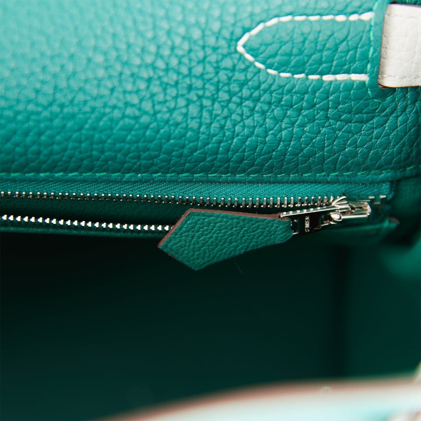 Luxury Hermes Special Order (HSS) Kelly Retourne 28 Malachite and Gris Perle Clemence Brushed Palladium Hardware