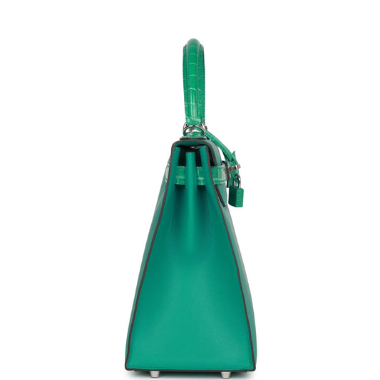 Luxury Hermes Kelly Sellier 28 Vert Verone Madame and Shiny Niloticus Crocodile Touch Palladium Hardware