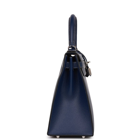 Luxury Hermes Special Order (HSS) Kelly Sellier 28 Bleu Indigo Epsom Palladium Hardware