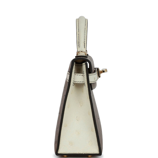 Luxury Hermes Special Order (HSS) Kelly Sellier 20 Gris Tourterelle and Beton Ostrich Permabrass Hardware