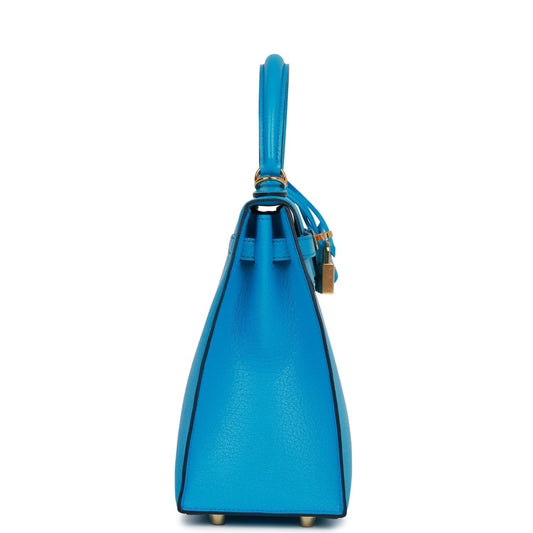 Luxury Hermes Kelly Sellier 25 Bleu Frida Chevre Gold Hardware