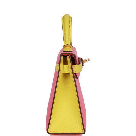 Luxury Hermes Special Order (HSS) Kelly Sellier 20 Rose Azalee and Lime Epsom Gold Hardware