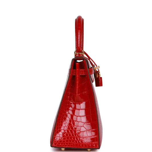 Luxury Hermes Kelly Sellier 25 Braise Shiny Porosus Crocodile Gold Hardware