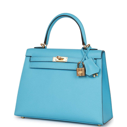 Luxury Hermes Kelly Sellier 25 Celeste Epsom Gold Hardware