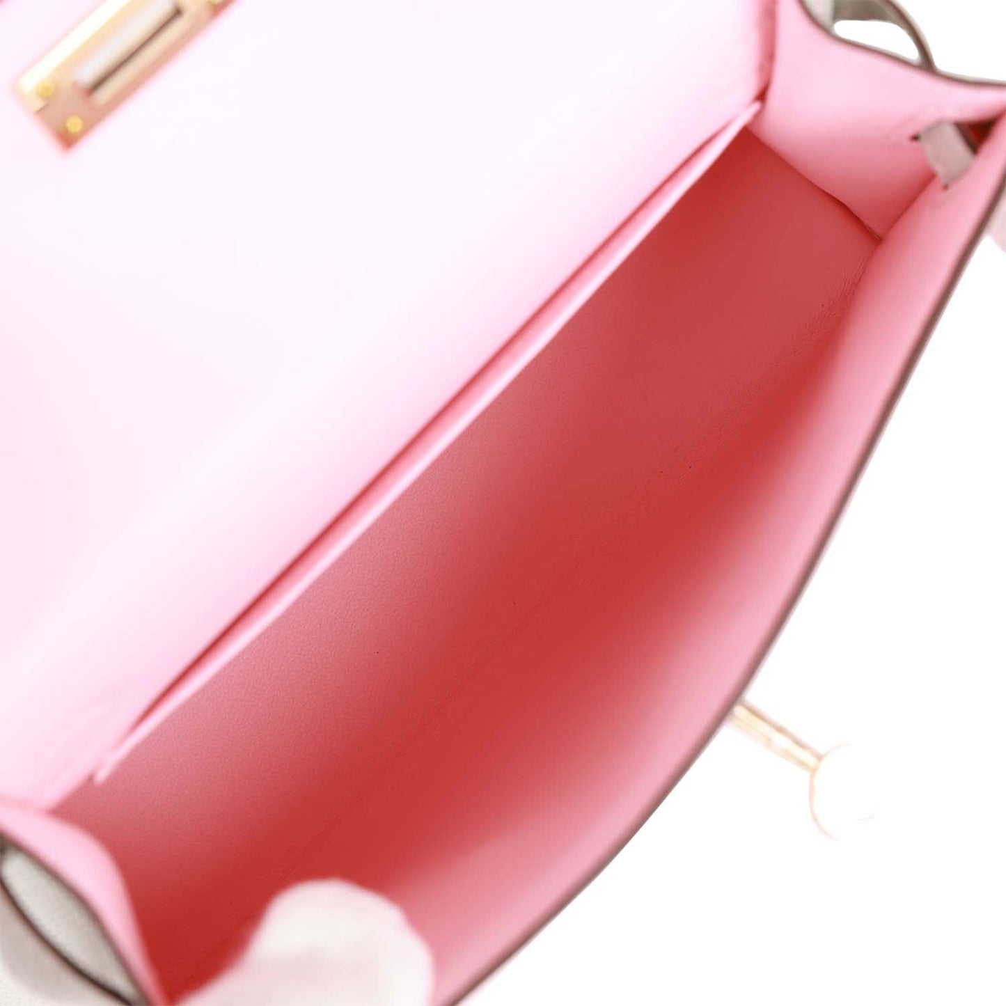 Luxury Hermes Special Order (HSS) Kelly 20 Rose Sakura and Gris Perle Chevre Mysore Permabrass