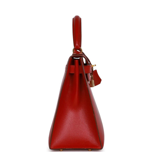 Vintage Luxury Hermes Kelly Sellier 28 Rouge Vif Box Gold Hardware