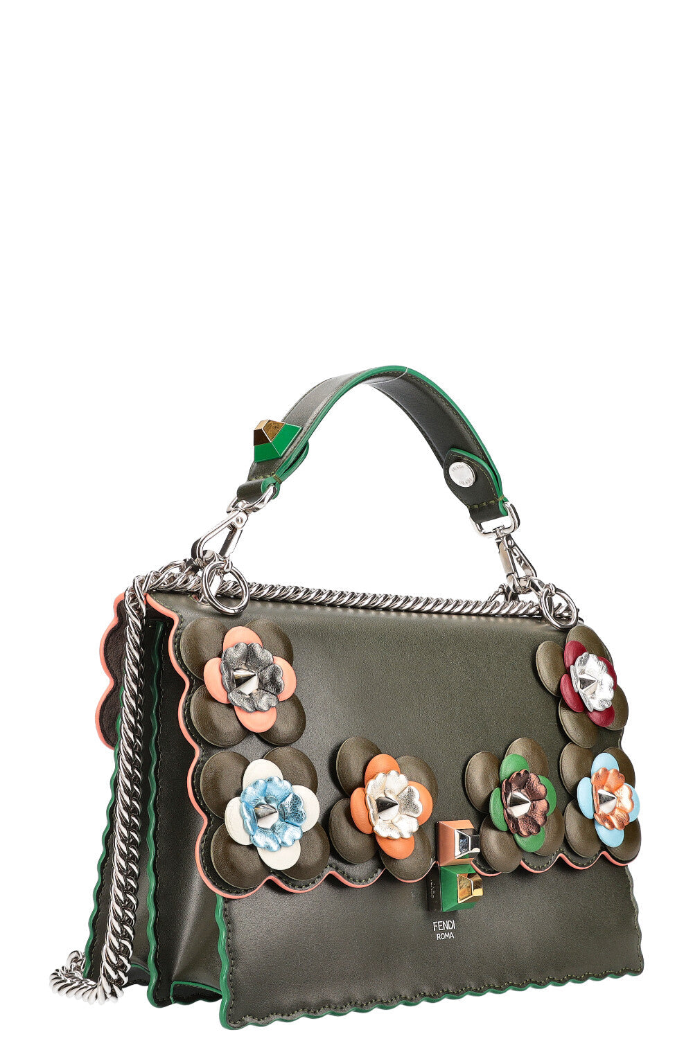 Luxury Fendi Flowerland Kan I Bag Embellished Leather Bag Green