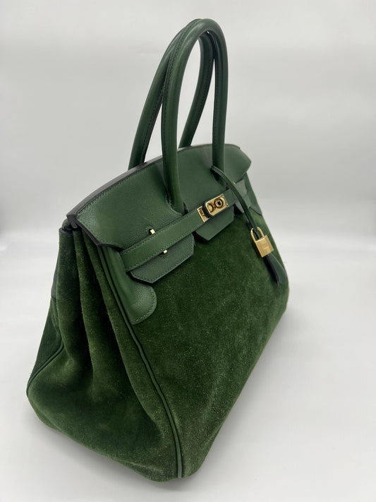 Luxury Hermes Birkin 35 Suede / Togo Green Gold Hardware