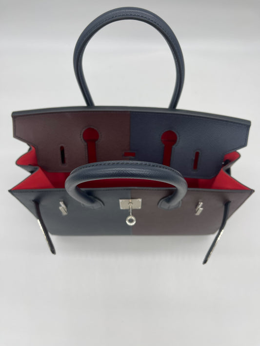 Luxury Hermes Birkin 30 Casaque Rouge Sellier / Bleu Indigo / Rose Texas Epsom