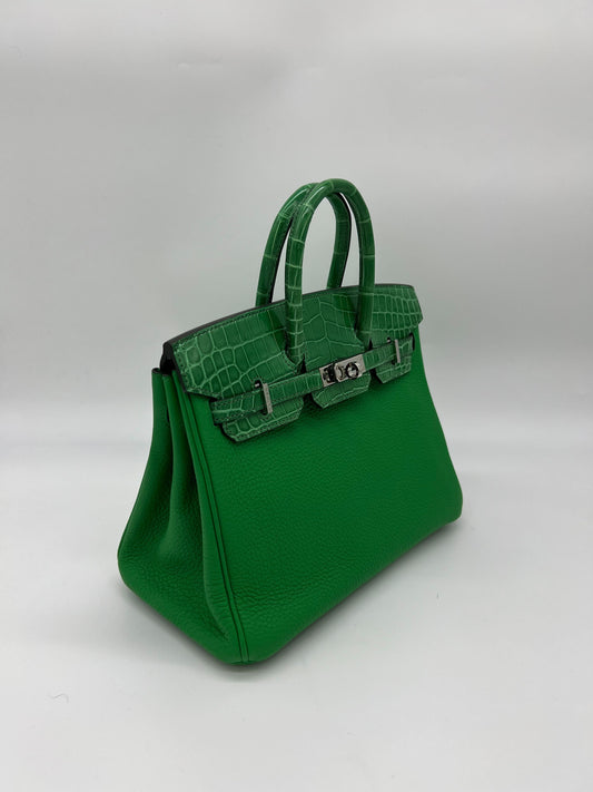Luxury Hermes Birkin 25 Shiny Crocodile and Togo Vert Bambou Palladium Hardware