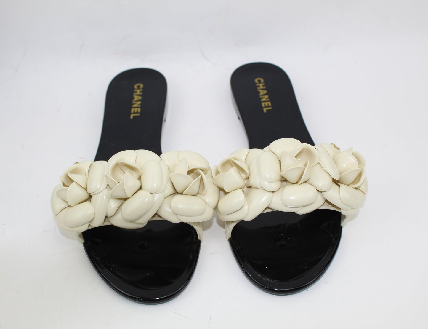 Chanel PVC Slides with Camellia Flowers