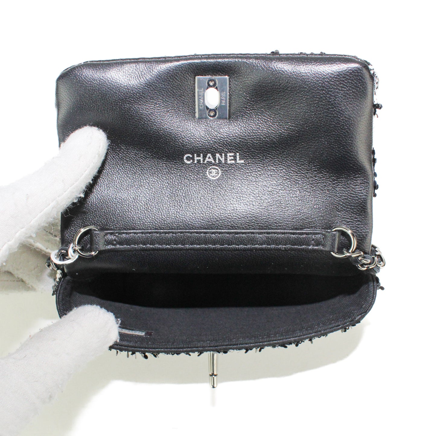 Chanel Mini bag with Chain in Black White and Silver Sequin