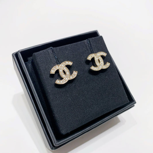 No.001620-1-Chanel Metal Crystal & Pearl Coco Mark Earrings (Brand New / 全新貨品)