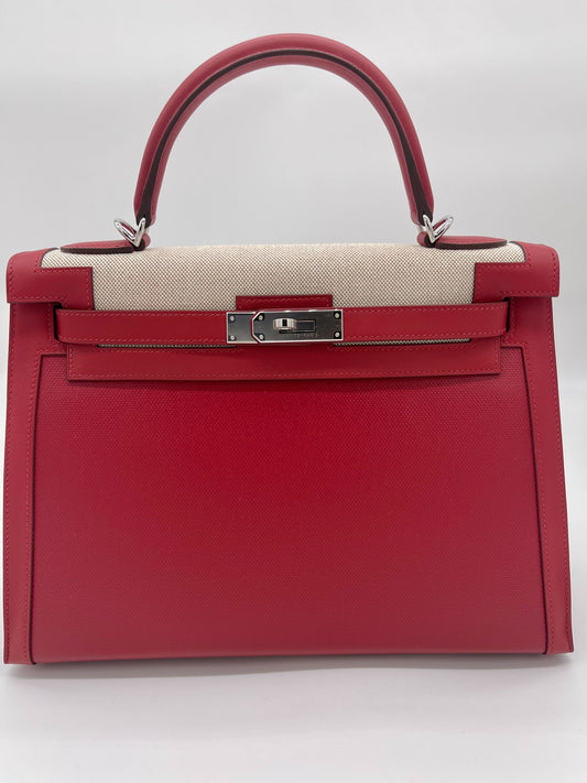 Luxury Hermes Kelly 32 Sellier Rouge Piment Swift and Toile Berline Palladium Hardware