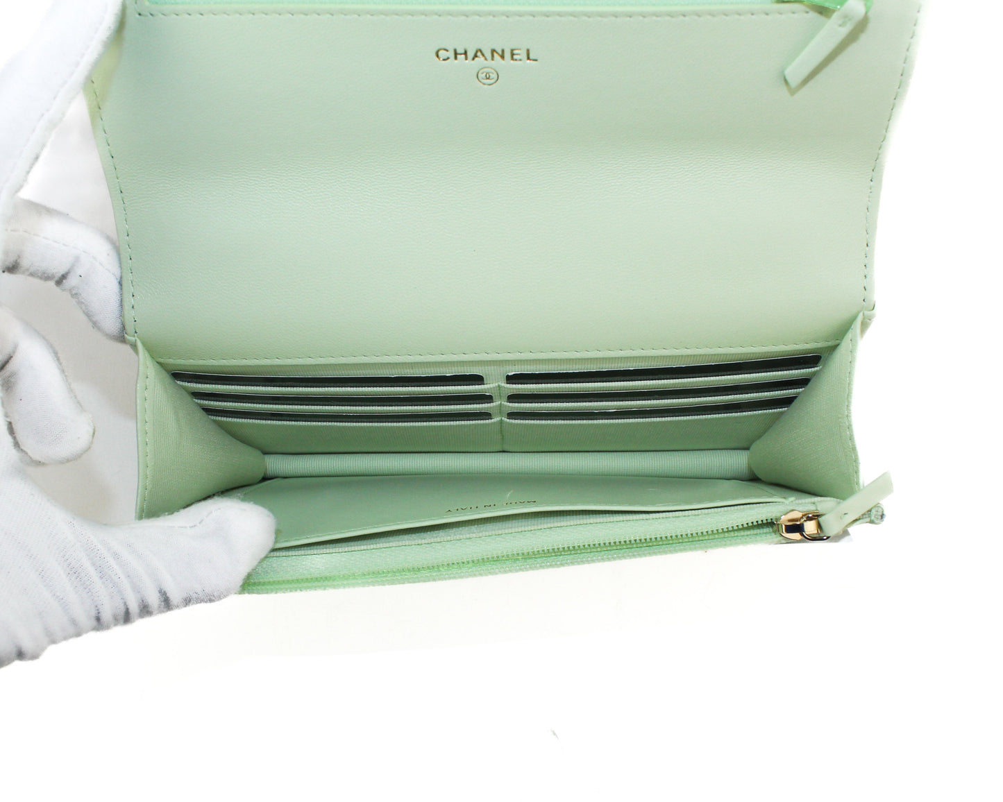 Chanel Lambskin Quilted 19 Wallet on Chain in Light Green