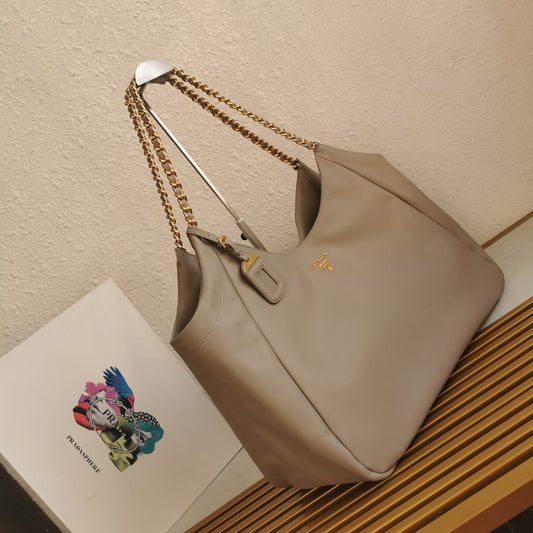 Luxury PradaCHAIN TOTE 39 SOFT GREY CALFSKIN