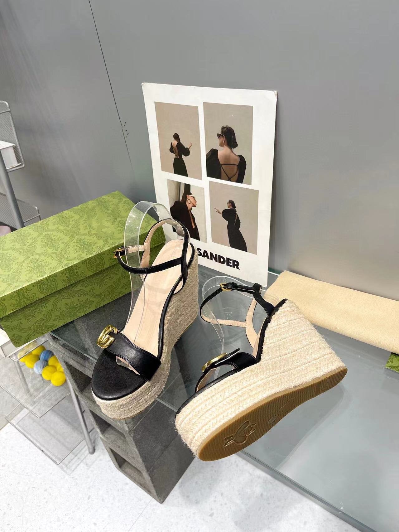 Luxury Gucci gg marmont sandal 140mm espadrilles black leather