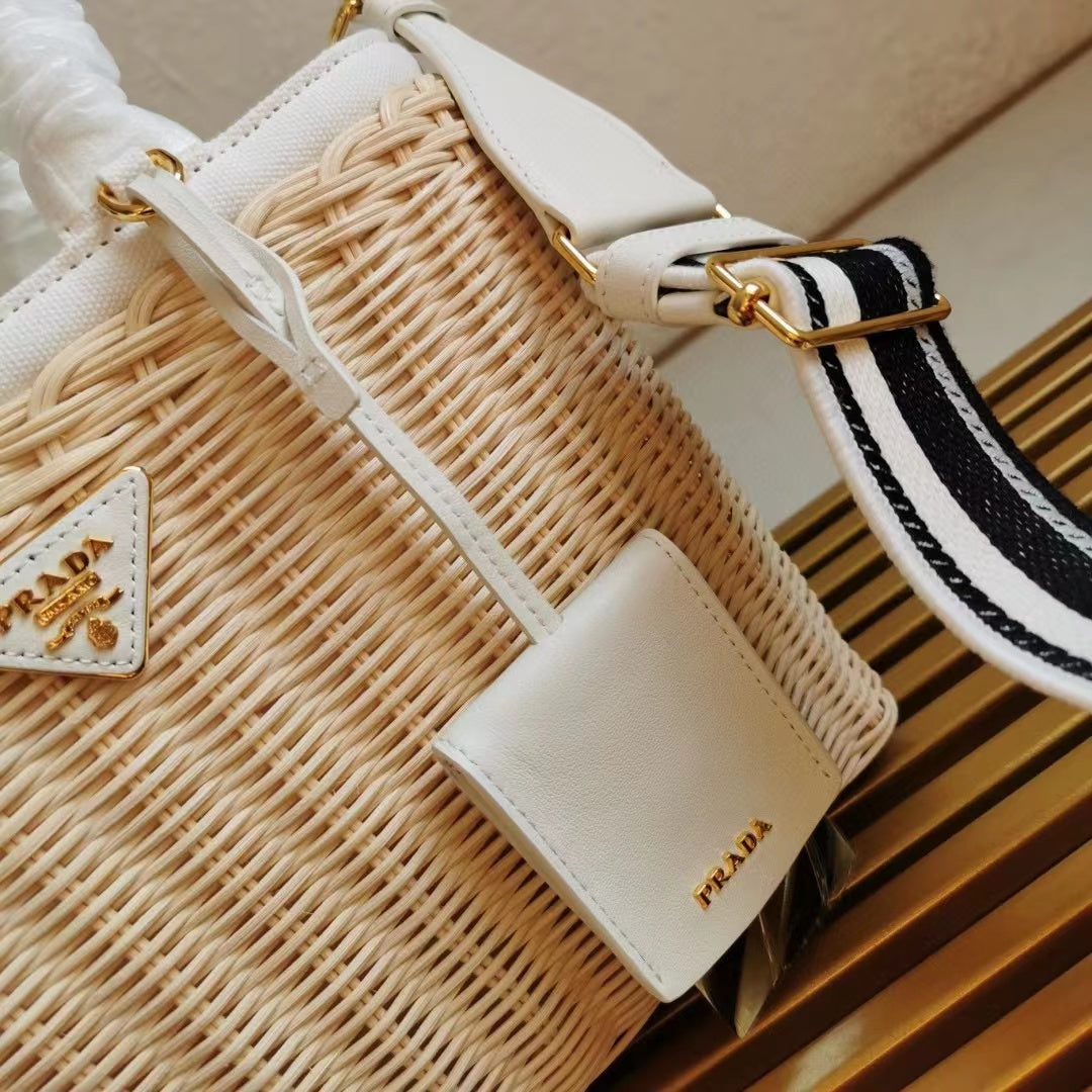 Luxury Pradamedium 26cm wicker and linen blend tote bag