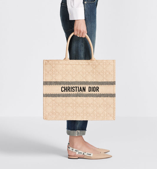 Large Luxury Dior Book Tote Natural Cannage Raffia