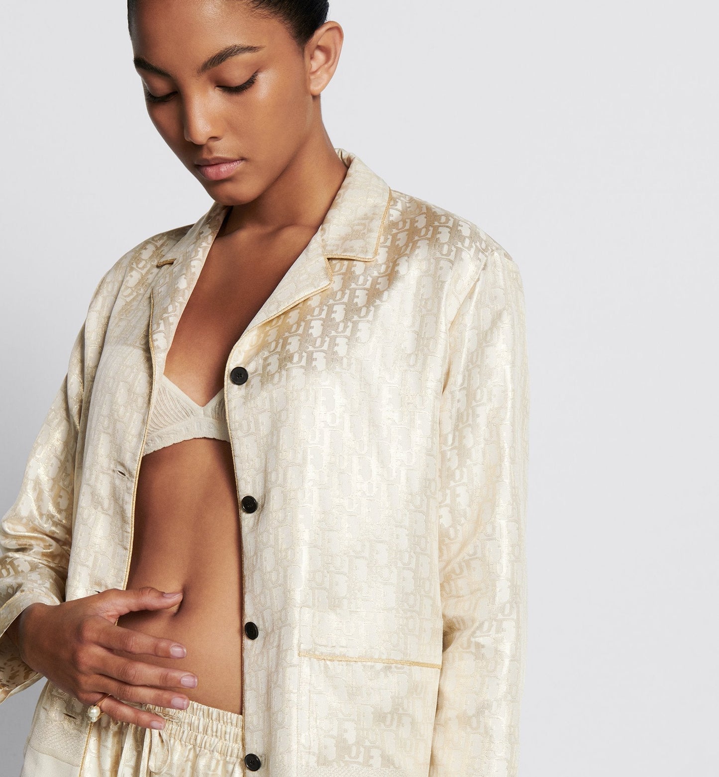 Or Shirt White And Gold Tone Silk Twill With Luxury Dior Oblique Motif