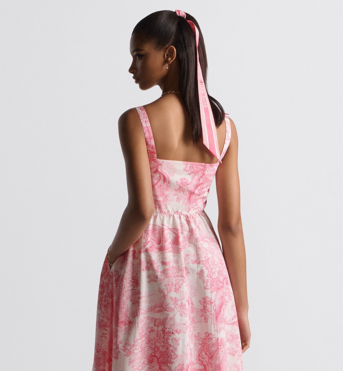 Luxury Dioriviera Flared Mid Length Dress White And Candy Pink Cotton And Silk Poplin With Toile De Jouy Sauvage Motif