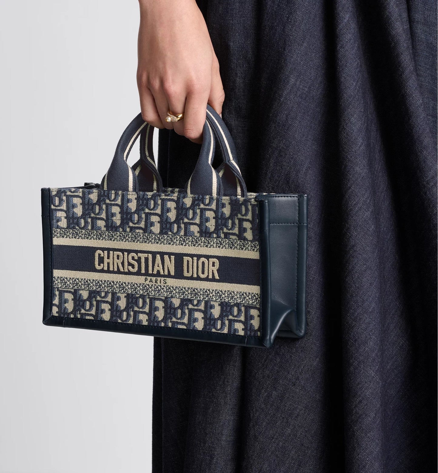 East-West Luxury Dior Book Tote with strap Blue Luxury Dior Oblique Embroidery and Calfskin
