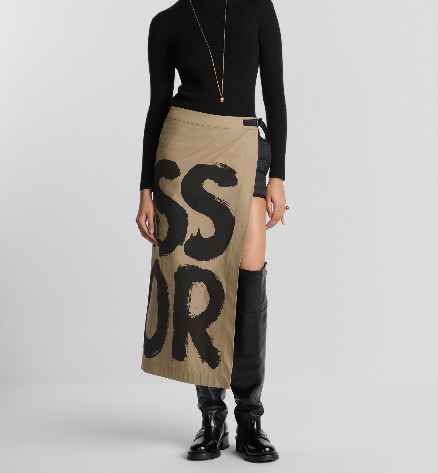 Cannage Mid Length Open Front Skirt With Integrated Shorts Beige Cotton Gabardine With Black Miss Luxury Dior Graffiti Motif